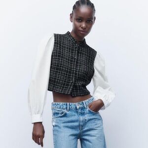 Zara Black and White Tweed Vest with White Sleeves Plaid Textured Top